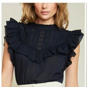 EUC Veronica Beard Tamsyn High Neck Ruffled Crochet Lace Top Blouse Black Size 4